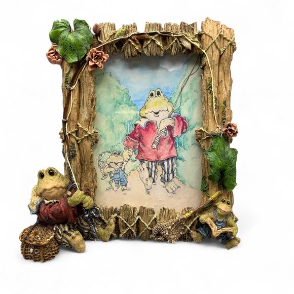 Frogmorton and Tad Frog Picture Frame 4X6 Resin Fly Fishing Dad & Son Boyds Bear - Picture 1 of 11